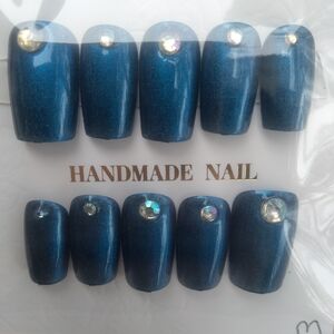 Blue Handmade Nail Set with Rhinestones